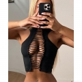 Sexy Black Lace Up Crop Top Sleeveless Cut Out Bandage Slim Fit Tank Top For Women Streetwear Club Party Wear 2025 Spring Fashion Stretch Knit Polyester Top