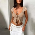 Women Sexy Khaki Lace Crop Top Ruffle Hem Tie-Front Vintage Boho Mesh Blouse Summer Vacation Sheer Floral Embroidery Short Sleeve Cami Top