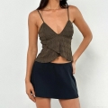 Women Sexy Lace Camisole Slim Fit V Neck Irregular Hem Crop Top Nylon Spandex Brown Sleeveless Vest For Summer Party Clubwear Streetwear