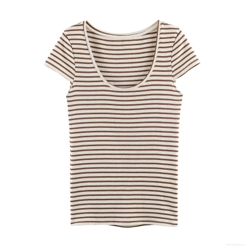 Women's Striped Ribbed Knit T-Shirt Brown White Round Neck Short Sleeve Slim Fit Summer Casual Streetwear Top
