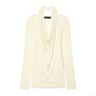 Women's Cutout Draped Neck Long Sleeve Knit Top Creamy White Slim Fit Ribbed T-Shirt Streetwear Casual Spring Autumn Soft Solid Color Pullover For Ladies