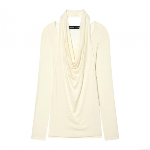 Women's Cutout Draped Neck Long Sleeve Knit Top Creamy White Slim Fit Ribbed T-Shirt Streetwear Casual Spring Autumn Soft Solid Color Pullover For Ladies