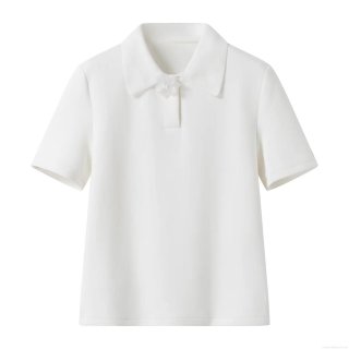 Women's French Style Elegant White Knitted Polo Shirt With 3D Flower Decor Short Sleeve Loose Fit Casual Top For Summer Daily Wear