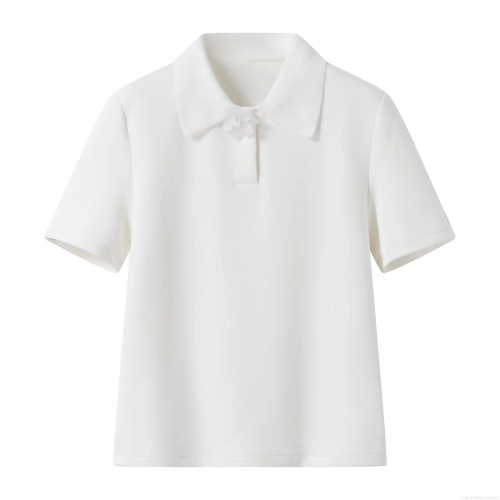 Women's French Style Elegant White Knitted Polo Shirt With 3D Flower Decor Short Sleeve Loose Fit Casual Top For Summer Daily Wear