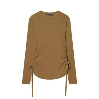 Women's Casual Long Sleeve T-Shirt Side Drawstring Ruched Knit Ribbed Top Slim Fit Solid Color Autumn Fashion Tee For Women Streetwear Base Layer