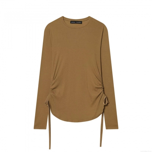 Women's Casual Long Sleeve T-Shirt Side Drawstring Ruched Knit Ribbed Top Slim Fit Solid Color Autumn Fashion Tee For Women Streetwear Base Layer