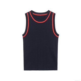 Women's Mercerized Cotton Knit Tank Top Contrast Red Trim Navy Blue Slim Fit Ribbed Sleeveless Shirt Summer Daily Casual Top for Women