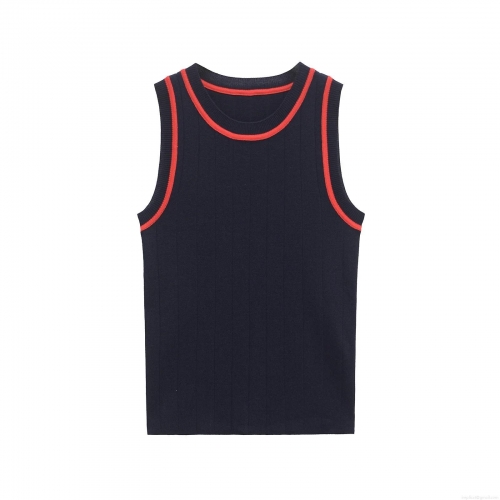 Women's Mercerized Cotton Knit Tank Top Contrast Red Trim Navy Blue Slim Fit Ribbed Sleeveless Shirt Summer Daily Casual Top for Women