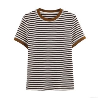 Women's Striped Short Sleeve T-Shirt Round Neck Knitted Polyester Brown White Casual Tee Top for Summer Daily Streetwear Fashion Women Clothes
