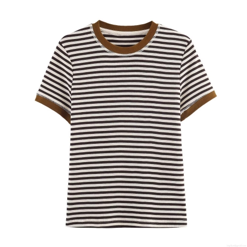 Women's Striped Short Sleeve T-Shirt Round Neck Knitted Polyester Brown White Casual Tee Top for Summer Daily Streetwear Fashion Women Clothes