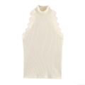 Women's Sleeveless T-Shirt Mock Neck Lace Trim Ribbed Knit Slim Fit Top Casual Solid Color Polyester Tank For Women Fashion Summer Vest