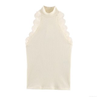 Women's Sleeveless T-Shirt Mock Neck Lace Trim Ribbed Knit Slim Fit Top Casual Solid Color Polyester Tank For Women Fashion Summer Vest