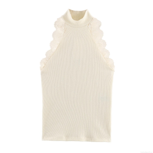 Women's Sleeveless T-Shirt Mock Neck Lace Trim Ribbed Knit Slim Fit Top Casual Solid Color Polyester Tank For Women Fashion Summer Vest