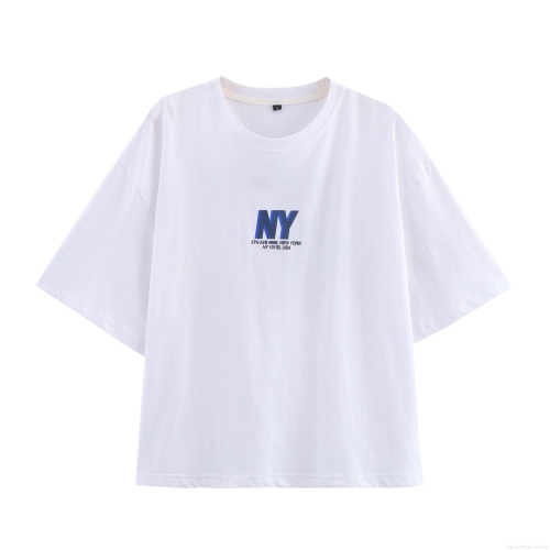 Women's Casual Cotton Blend T-Shirt NY Letter Print Short Sleeve Crew Neck Loose Fit Tee American Style Streetwear Fashion Top For Women