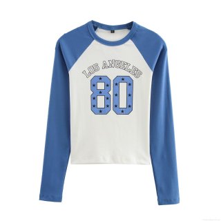 Women's Casual Raglan Long Sleeve T-Shirt Cotton Blend High Stretch Color Block Los Angeles 80 Letter Print Crew Neck Sporty Streetwear Top