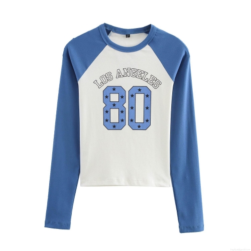 Women's Casual Raglan Long Sleeve T-Shirt Cotton Blend High Stretch Color Block Los Angeles 80 Letter Print Crew Neck Sporty Streetwear Top