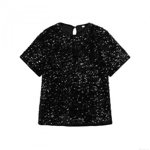 Women Shiny Sequin T-Shirt Sparkly Short Sleeve Crew Neck Loose Fit Party Clubwear Top Blouse Polyester Sparkling Casual Streetwear Tee For Ladies