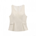 Women's V-Neck Sleeveless Woven Polyester Vest Top With Decorative Pockets Back Zipper Peplum Hem Slim Fit Cream White Blouse For Summer Daily Commute Party