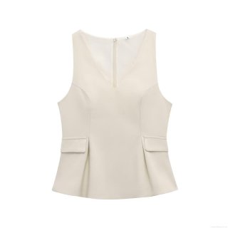 Women's V-Neck Sleeveless Woven Polyester Vest Top With Decorative Pockets Back Zipper Peplum Hem Slim Fit Cream White Blouse For Summer Daily Commute Party