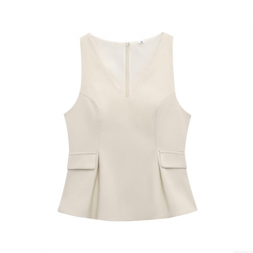 Women's V-Neck Sleeveless Woven Polyester Vest Top With Decorative Pockets Back Zipper Peplum Hem Slim Fit Cream White Blouse For Summer Daily Commute Party