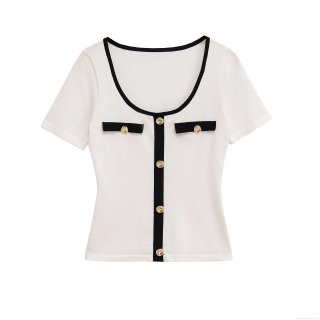 French Style Contrast Trim Knit T-Shirt Elegant Mercerized Cotton Short Sleeve Top With Gold Buttons Slim Fit Casual Round Neck Women Clothing