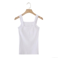 Women's Casual Cotton Ribbed Tank Top Square Neck Wide Shoulder Straps Solid White Summer Stretchy Sleeveless Camisole Vest Top For Women