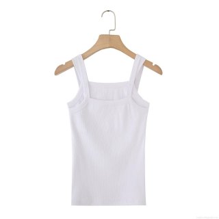 Women's Casual Cotton Ribbed Tank Top Square Neck Wide Shoulder Straps Solid White Summer Stretchy Sleeveless Camisole Vest Top For Women