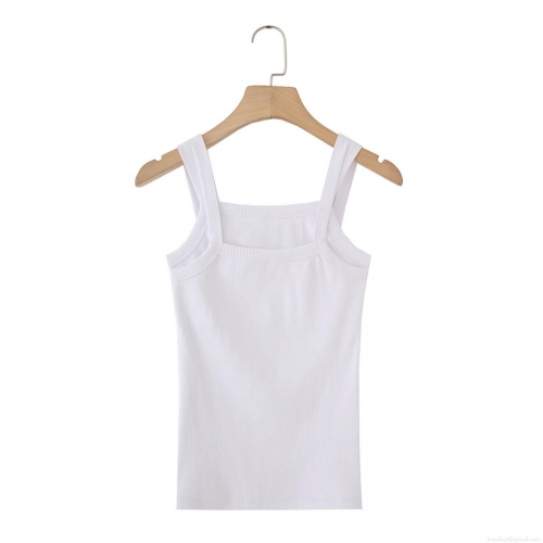 Women's Casual Cotton Ribbed Tank Top Square Neck Wide Shoulder Straps Solid White Summer Stretchy Sleeveless Camisole Vest Top For Women