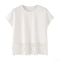 Women's 100% Cotton Short Sleeve T-Shirt Casual Round Neck Loose Top With Crochet Lace Patchwork Hem White Streetwear Tee
