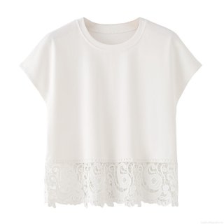 Women's 100% Cotton Short Sleeve T-Shirt Casual Round Neck Loose Top With Crochet Lace Patchwork Hem White Streetwear Tee