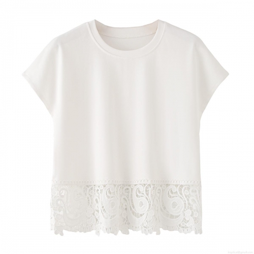 Women's 100% Cotton Short Sleeve T-Shirt Casual Round Neck Loose Top With Crochet Lace Patchwork Hem White Streetwear Tee