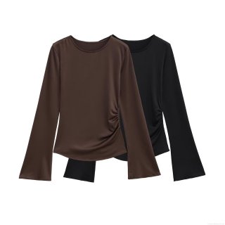 Women's Casual Ruched Long Sleeve T-Shirt Round Neck Polyester Slim Fit Tops Flare Sleeve Ruched Side Tee For Women Streetwear Daily Wear Solid Color Basic Blouse
