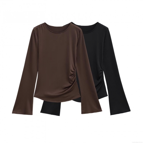 Women's Casual Ruched Long Sleeve T-Shirt Round Neck Polyester Slim Fit Tops Flare Sleeve Ruched Side Tee For Women Streetwear Daily Wear Solid Color Basic Blouse