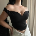 Women Sexy Off Shoulder Crop Top V Neck Curved Hem Slim Fit Polyester Spandex Short Sleeve Summer Clubwear Streetwear Solid Black Tee