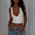 Women's Sexy White Lace Trim V-Neck Cropped Tank Top Polyester Spandex Hook And Eye Slim Fit Sleeveless Camisole For Summer Streetwear Hot Girl