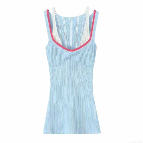 Women's Chic Rib Knit Tank Top Fake Two-Piece Contrast Trim Sleeveless Vest Summer Casual Slim Fit Camisole Streetwear Top for Ladies Girls