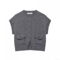 Women Knitted Vest Cardigan Polyester Button Down Round Neck With Pockets Sleeveless Sweater Top For Daily Casual Streetwear Fashion Lady Grey