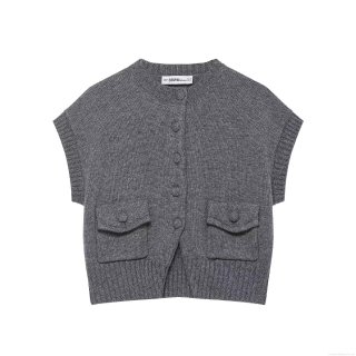 Women Knitted Vest Cardigan Polyester Button Down Round Neck With Pockets Sleeveless Sweater Top For Daily Casual Streetwear Fashion Lady Grey