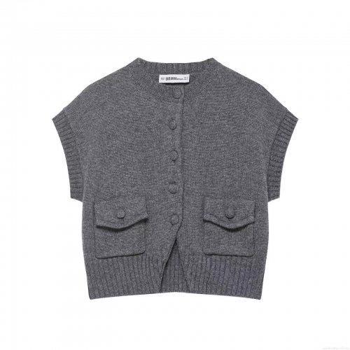 Women Knitted Vest Cardigan Polyester Button Down Round Neck With Pockets Sleeveless Sweater Top For Daily Casual Streetwear Fashion Lady Grey