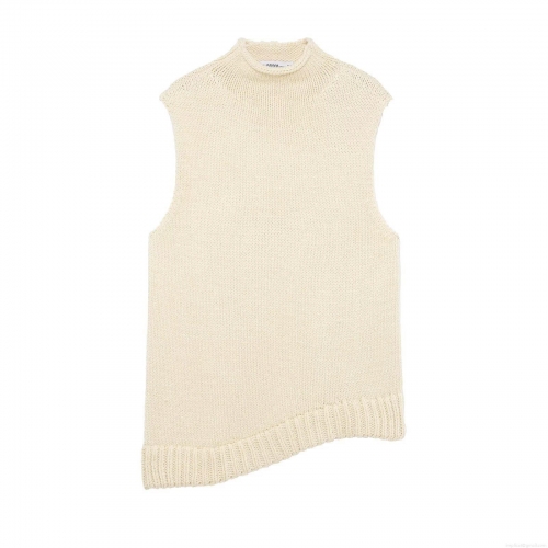 Women's Sleeveless Knitted Vest Turtleneck Asymmetric Hem Solid Color Chic Polyester Pullover Sweater Top For Spring Autumn Casual Women