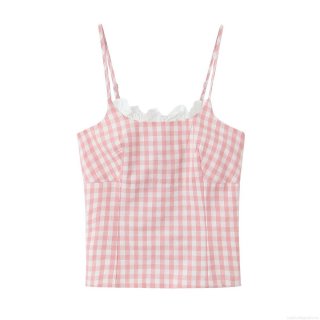 Sweet Pink Gingham Plaid Camisole Top 100% Cotton Lace Trim Smocked Back Sexy Slim Fit Tank Top For Women Summer Streetwear