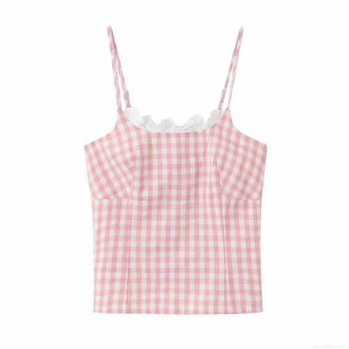Sweet Pink Gingham Plaid Camisole Top 100% Cotton Lace Trim Smocked Back Sexy Slim Fit Tank Top For Women Summer Streetwear