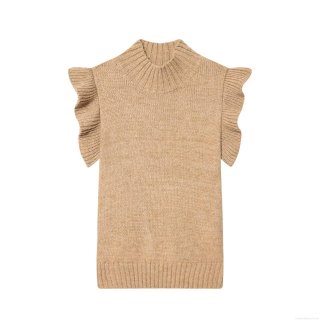 Women Fashion Slim Fit Knit Vest Mock Neck Ruffle Sleeve Tank Top Sleeveless Polyester Knitwear Camel Casual Top For Women