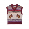 Women's Vintage Fair Isle Knit Sweater Vest Elegant V-Neck Sleeveless Horse Pattern Pullover Top 100% Polyester Knitted Waistcoat For Spring Autumn Daily Casual