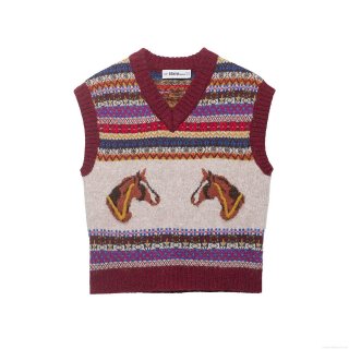 Women's Vintage Fair Isle Knit Sweater Vest Elegant V-Neck Sleeveless Horse Pattern Pullover Top 100% Polyester Knitted Waistcoat For Spring Autumn Daily Casual
