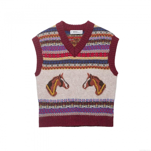 Women's Vintage Fair Isle Knit Sweater Vest Elegant V-Neck Sleeveless Horse Pattern Pullover Top 100% Polyester Knitted Waistcoat For Spring Autumn Daily Casual