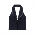 Women Halter Tank Top Contrast Scallop Trim Bow Knot Tie Front Slim Fit Polyester Seoul Twill Vest Cropped Sweet Style Sleeveless Shirt