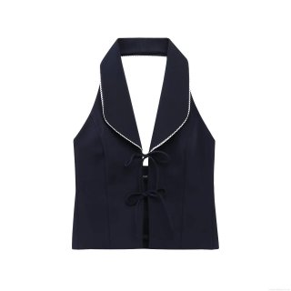 Women Halter Tank Top Contrast Scallop Trim Bow Knot Tie Front Slim Fit Polyester Seoul Twill Vest Cropped Sweet Style Sleeveless Shirt