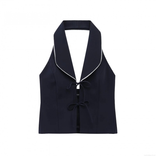 Women Halter Tank Top Contrast Scallop Trim Bow Knot Tie Front Slim Fit Polyester Seoul Twill Vest Cropped Sweet Style Sleeveless Shirt