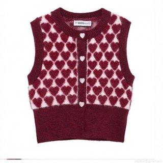 Vintage Heart Pattern Knit Vest Cardigan For Women Sweet Sleeveless Button Down Sweater Top With Heart Buttons Valentine's Day Gift Apparel